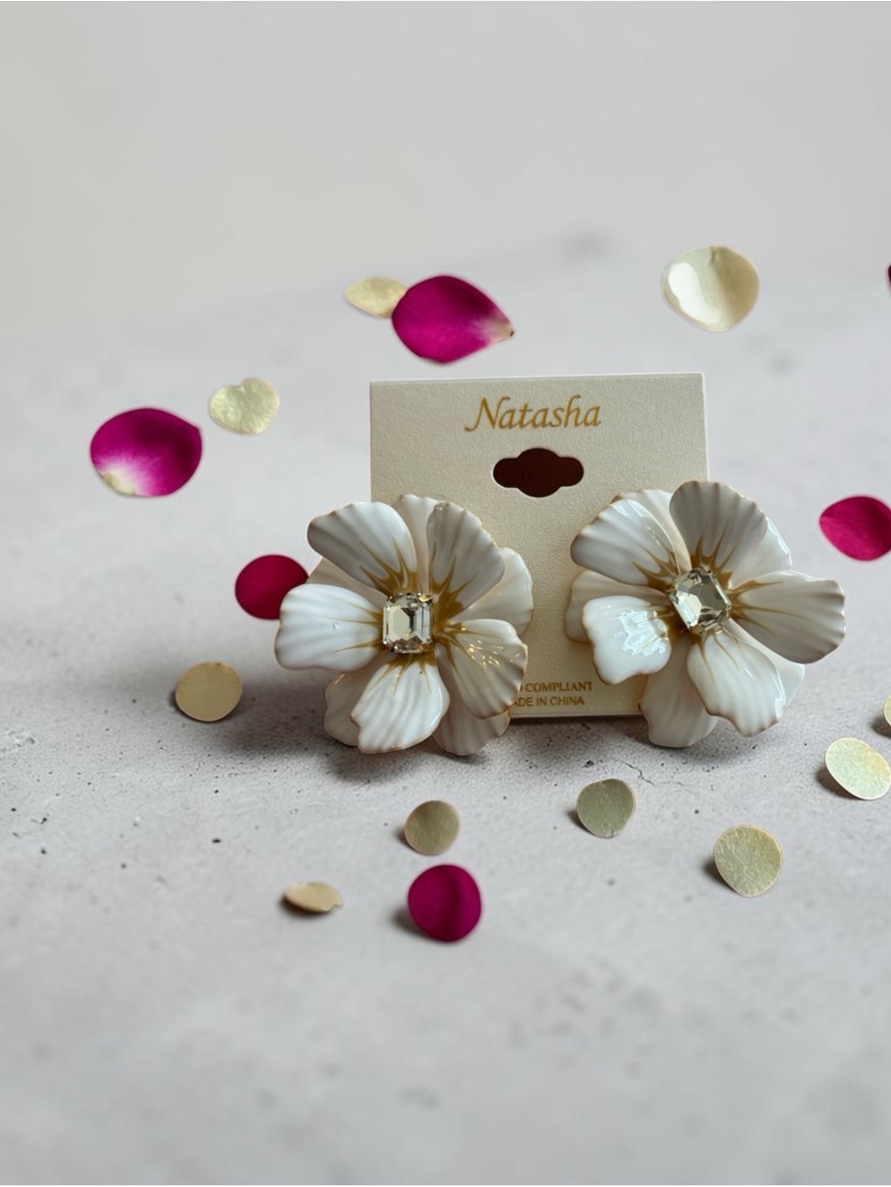 Natasha Couture Cream Flower Earrings with Gold Accents